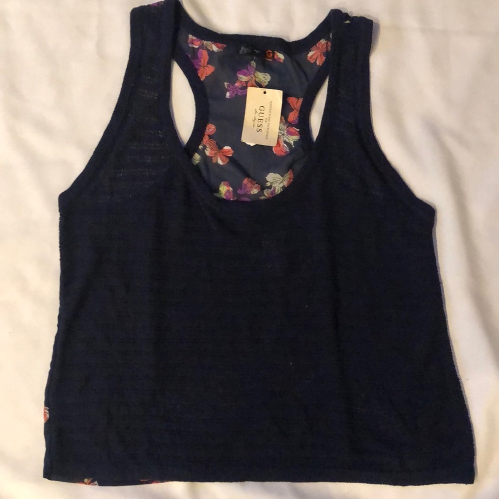 New Guess Sheer Back Scoop Tank Flower Floral Knit Top S